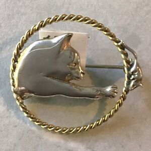 Sterling Silver and Brass Cat and Mouse Brooch